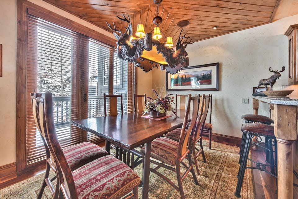 Dining Room with Seating for up to 8 with Stunning Woodwork on the Celiing