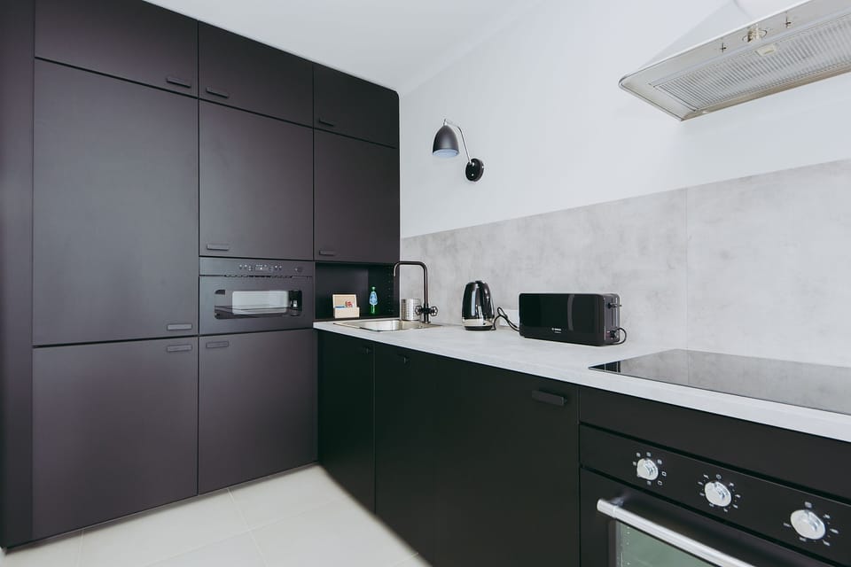 Comfort Apartment, City View | Private kitchen | Fridge, microwave, oven, stovetop