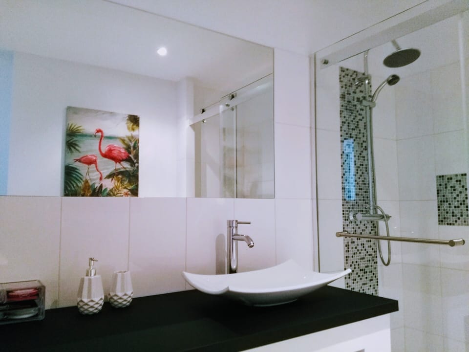 Shower, hair dryer, towels, toilet paper