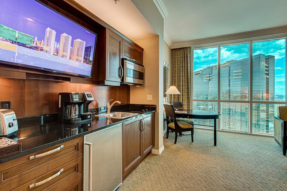 Full sized coffee pot with Keurig capabilities(bring those), TV, and microwave.