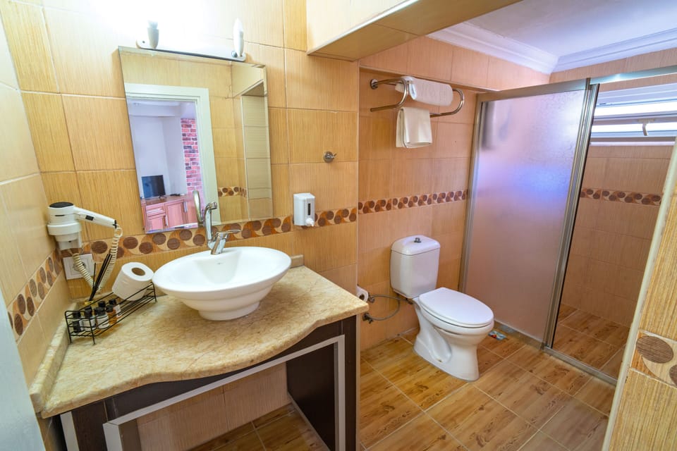Economy Room, 1 Double Bed | Bathroom | Shower, rainfall showerhead, hair dryer, slippers