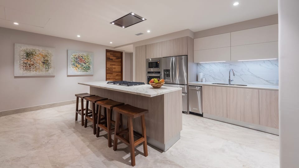 Kitchen area with separate ice maker and water filtration system