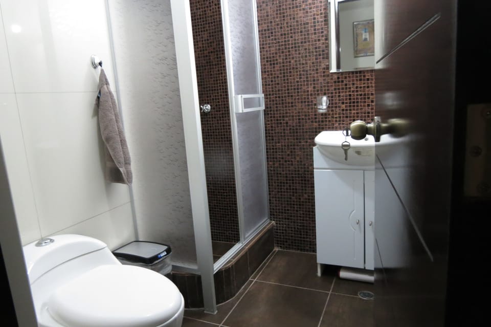 Shower, free toiletries, towels, soap