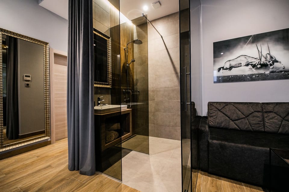 Deluxe Studio (209) | Bathroom | Shower, rainfall showerhead, free toiletries, hair dryer