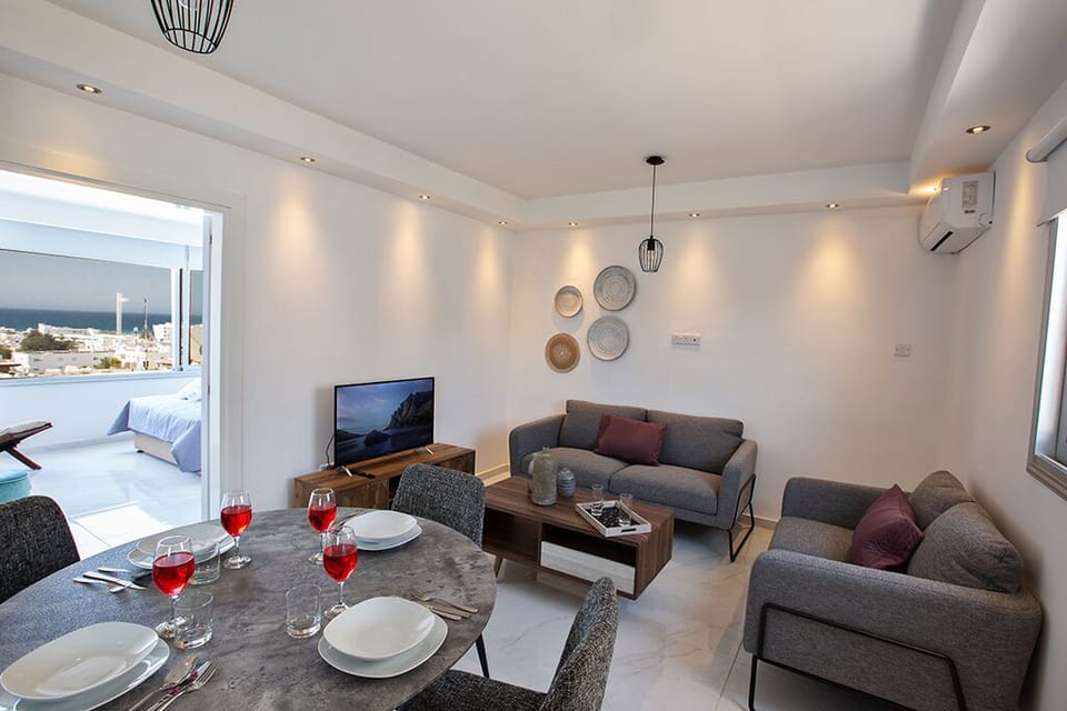 Living room with comfortable sofas and widescreen TV