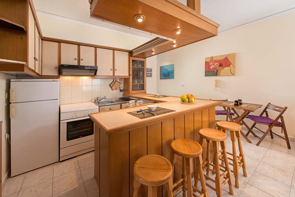Kitchen area with fridge, oven and washing machine for plates , electric kettle