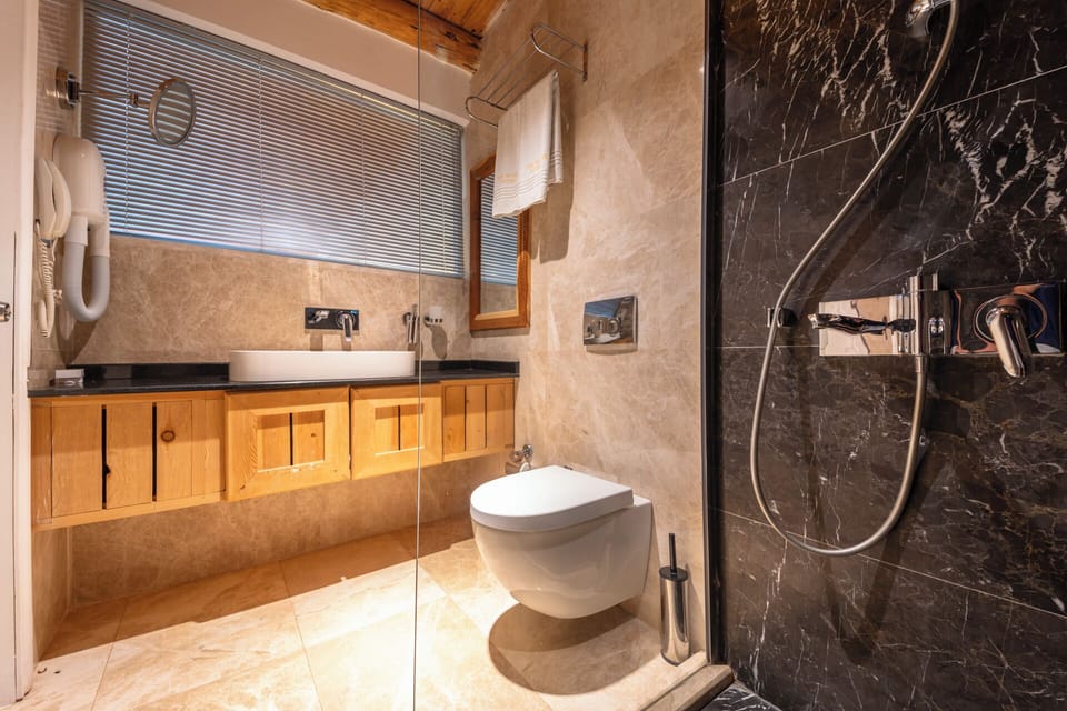 Master Deluxe Sea View Twin | Bathroom | Shower, rainfall showerhead, hair dryer, slippers
