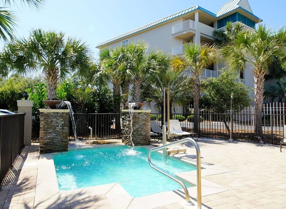 Hot tub with dual water features create the ultimate relaxing experience.