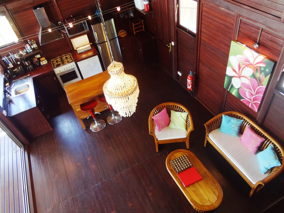 Equipped American kitchen, and the living room
