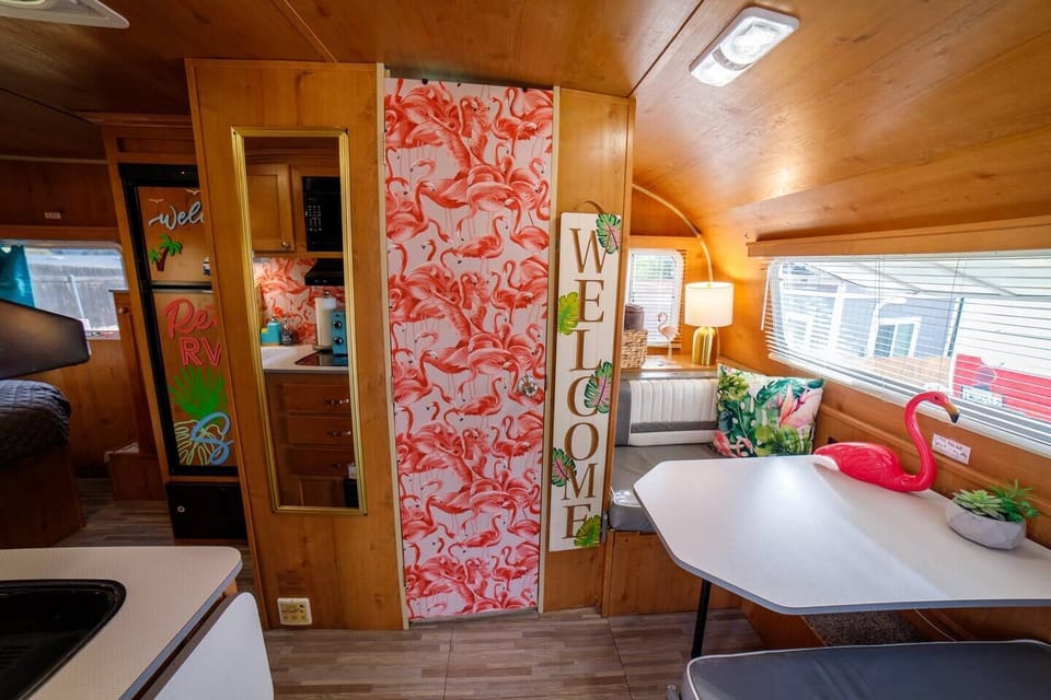 Enter the flamingo door to reveal your bathroom!