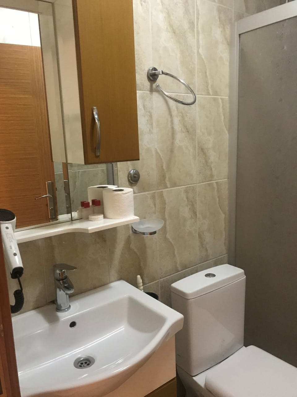 Shower, free toiletries, hair dryer, slippers