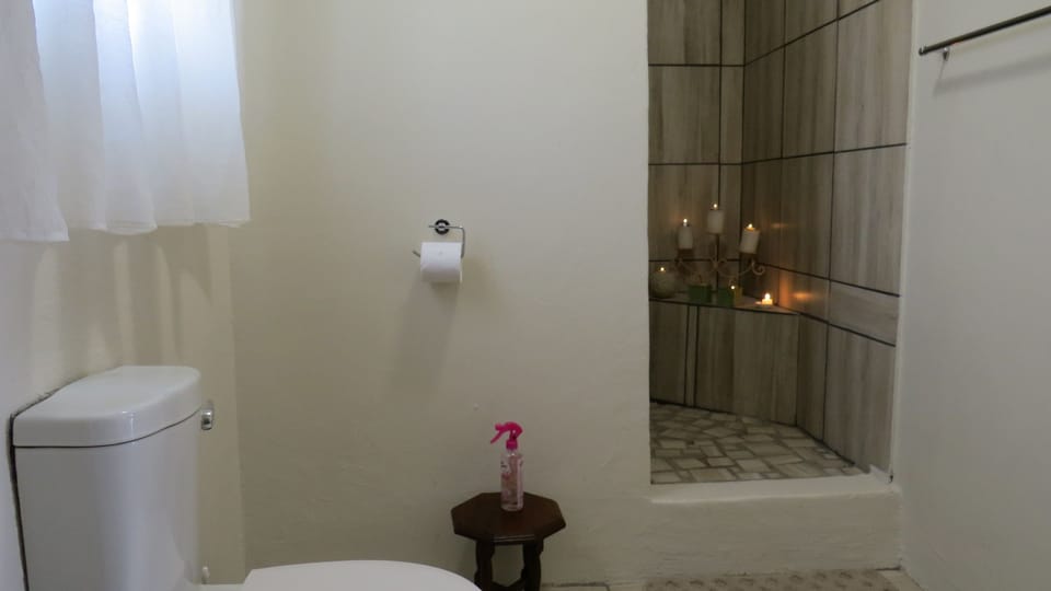 Shower, rainfall showerhead, free toiletries, towels