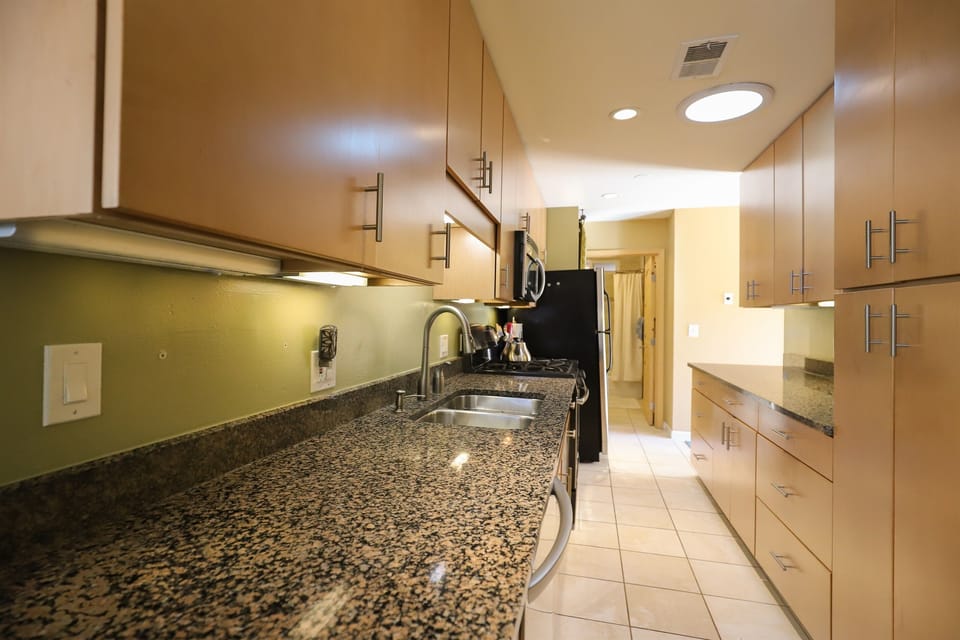 Kitchen and lots of storage.