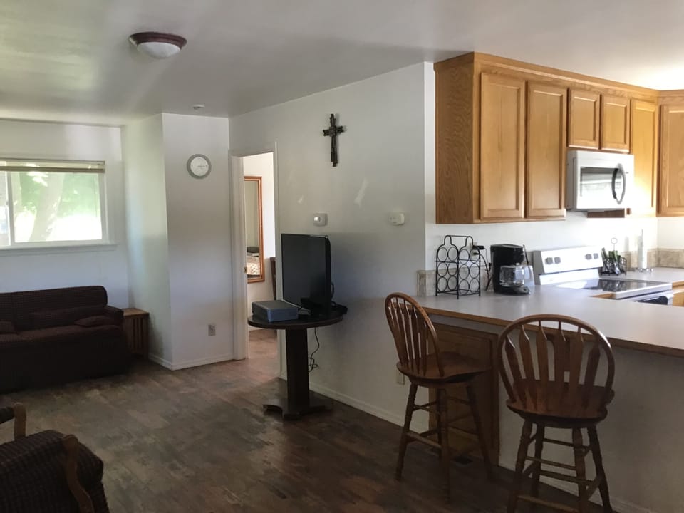 Living area with kitchen and bedroom entrance in background 