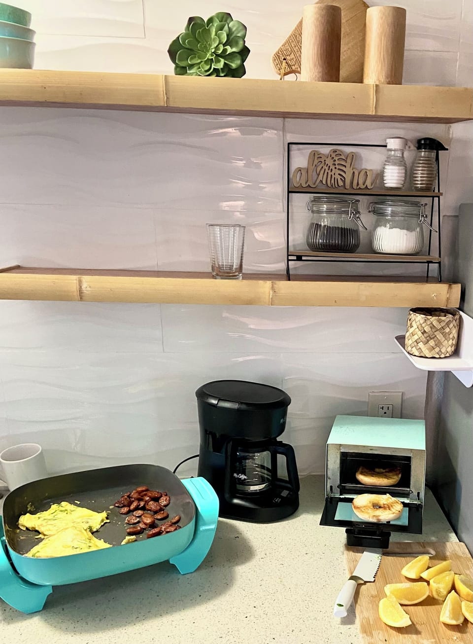 Deep dish skillet, toaster, oven, microwave, hot pot, blender, and coffee maker