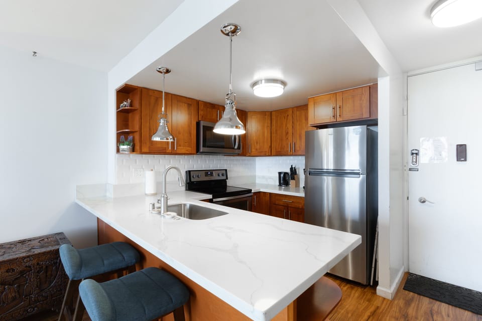 Eat at the counter or work remotely from this functional space