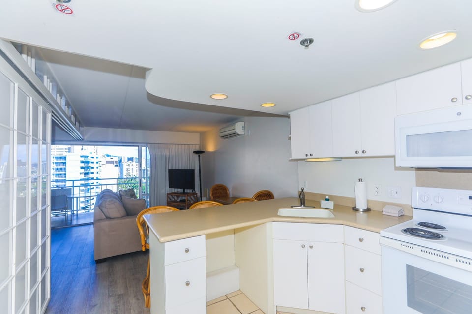 Open kitchen with views of the city