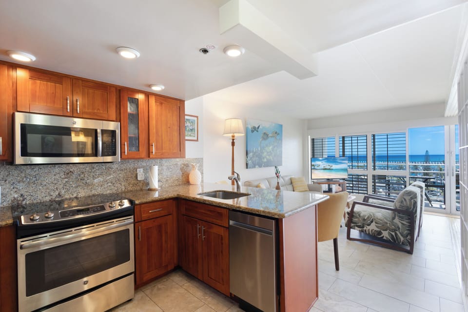 Open concept kitchen with views of the ocean