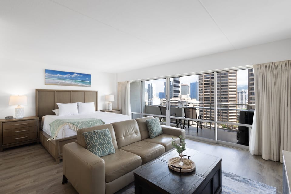 Neutral color palette with pops of blue and green