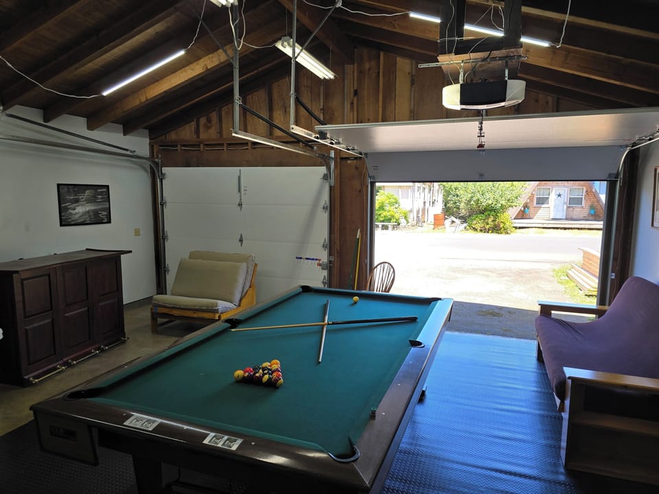 Garage converted to entertainment space. 