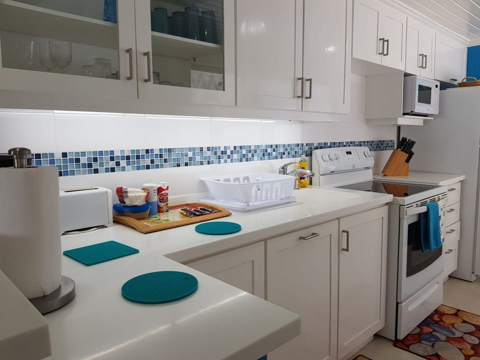 Kitchen is well lit with above and under-counter lighting.