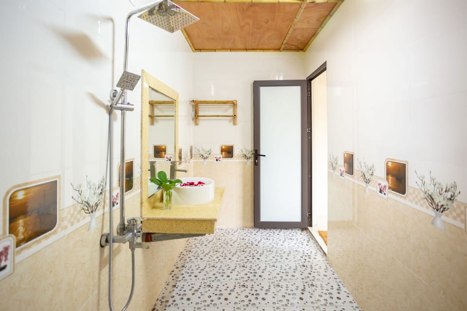 Shower, hydromassage showerhead, designer toiletries, hair dryer