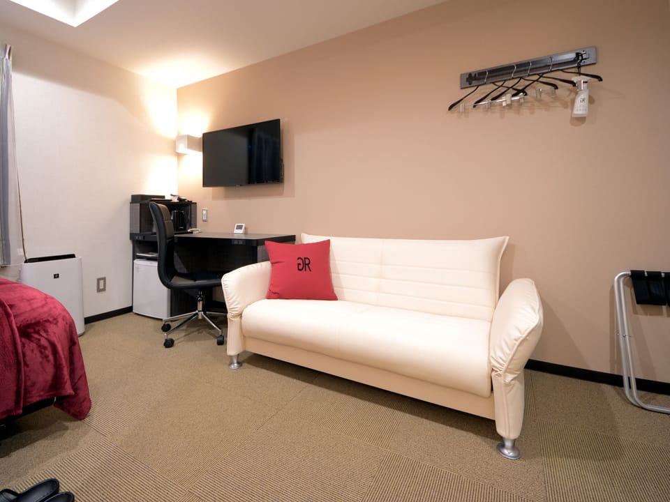 Down comforters, desk, laptop workspace, blackout drapes