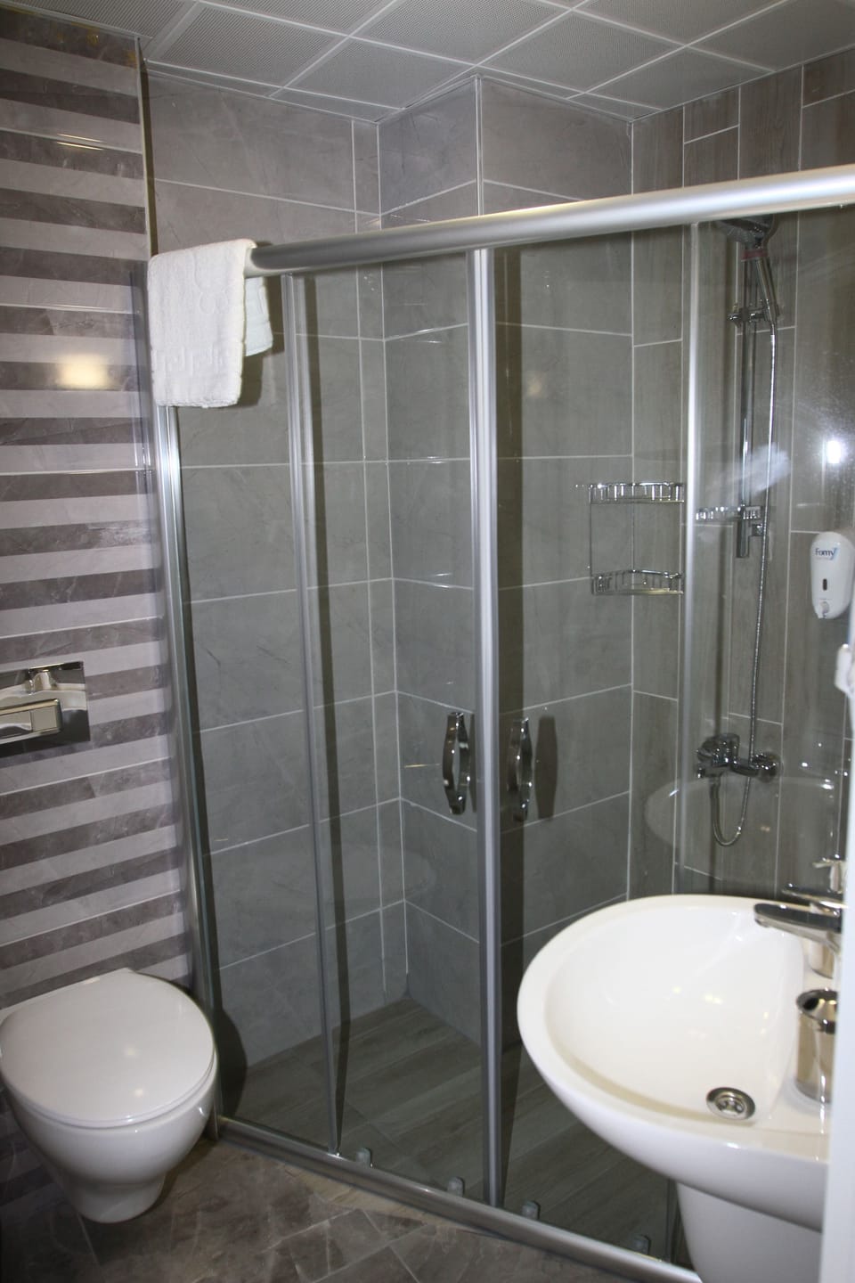Shower, hydromassage showerhead, free toiletries, hair dryer