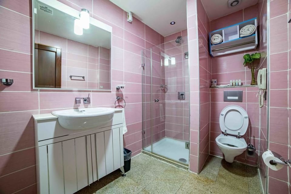Shower, towels, soap, toilet paper