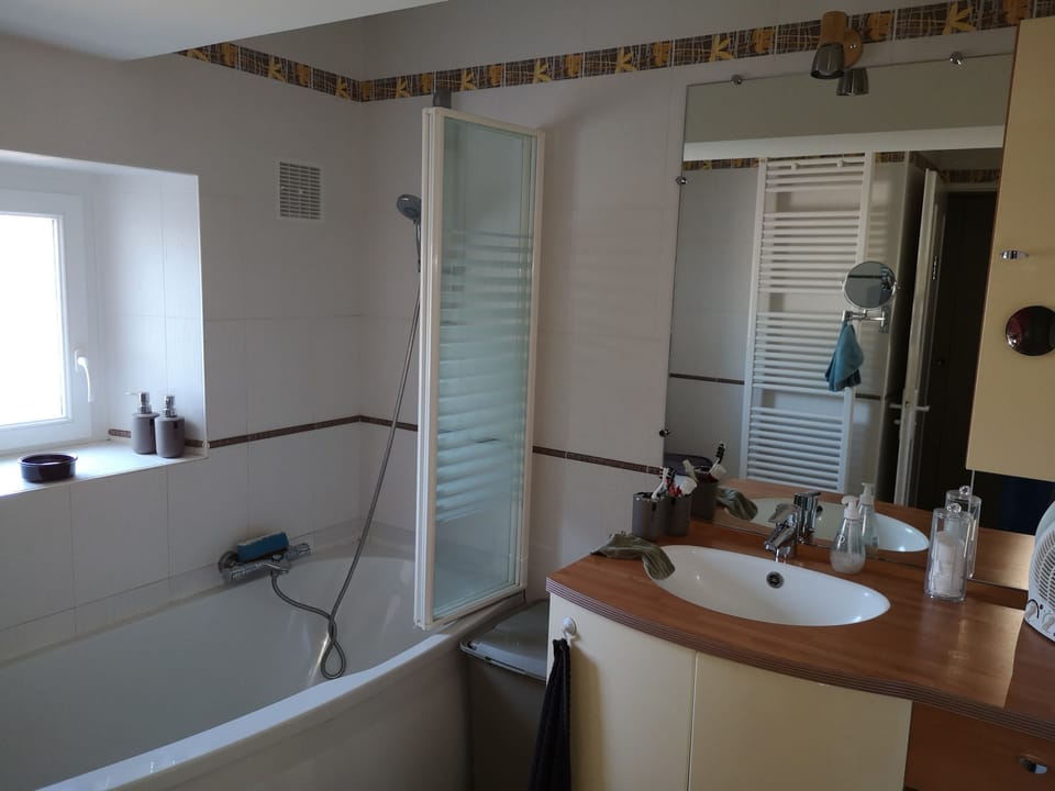 Bathtub, hair dryer, towels, soap