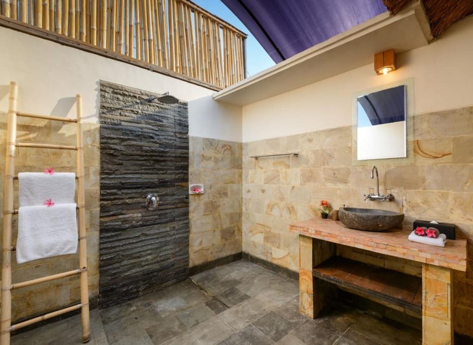 Shower, rainfall showerhead, towels