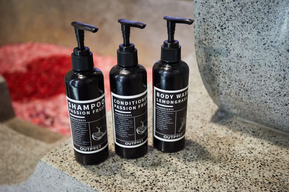 Hair dryer, towels, soap, shampoo