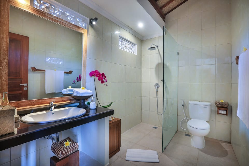 Shower, rainfall showerhead, free toiletries, hair dryer