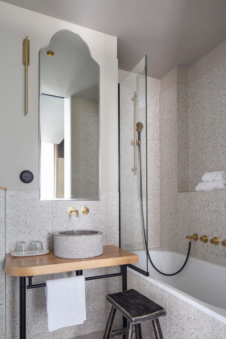 Hair dryer, slippers, towels, soap