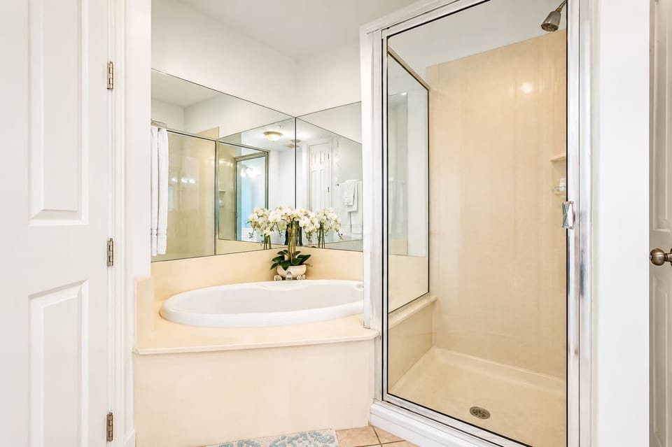 Large garden tub with walk-in shower in master bath.