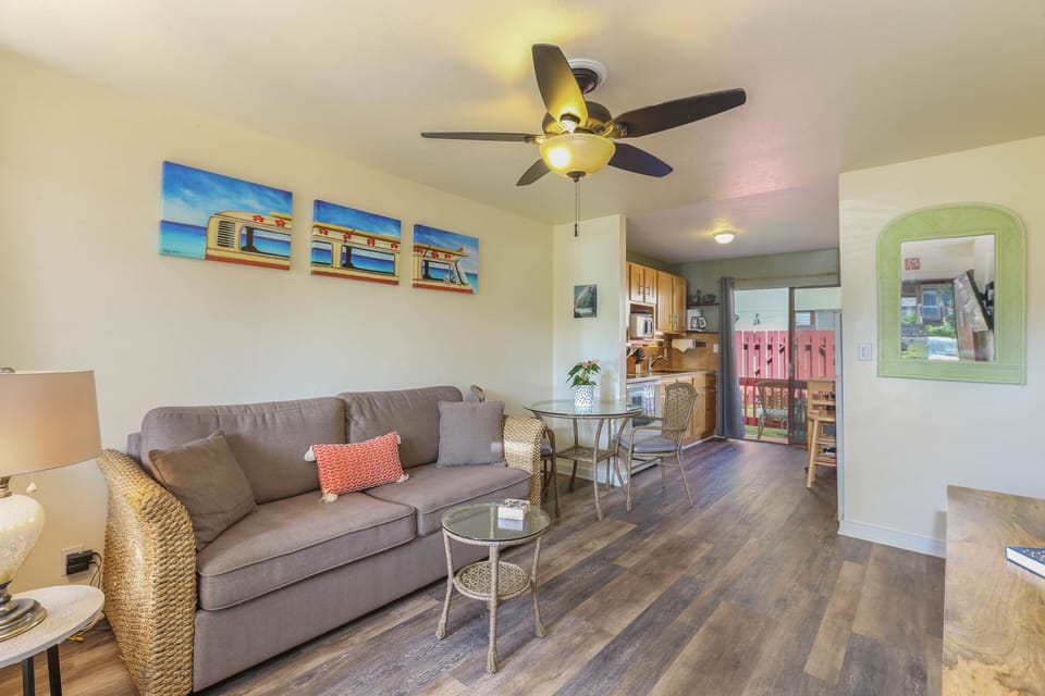 Living and Kitchen Areas w/TV, Ceiling Fan