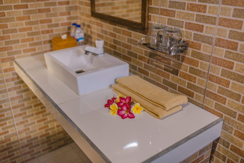 Shower, free toiletries, towels, soap