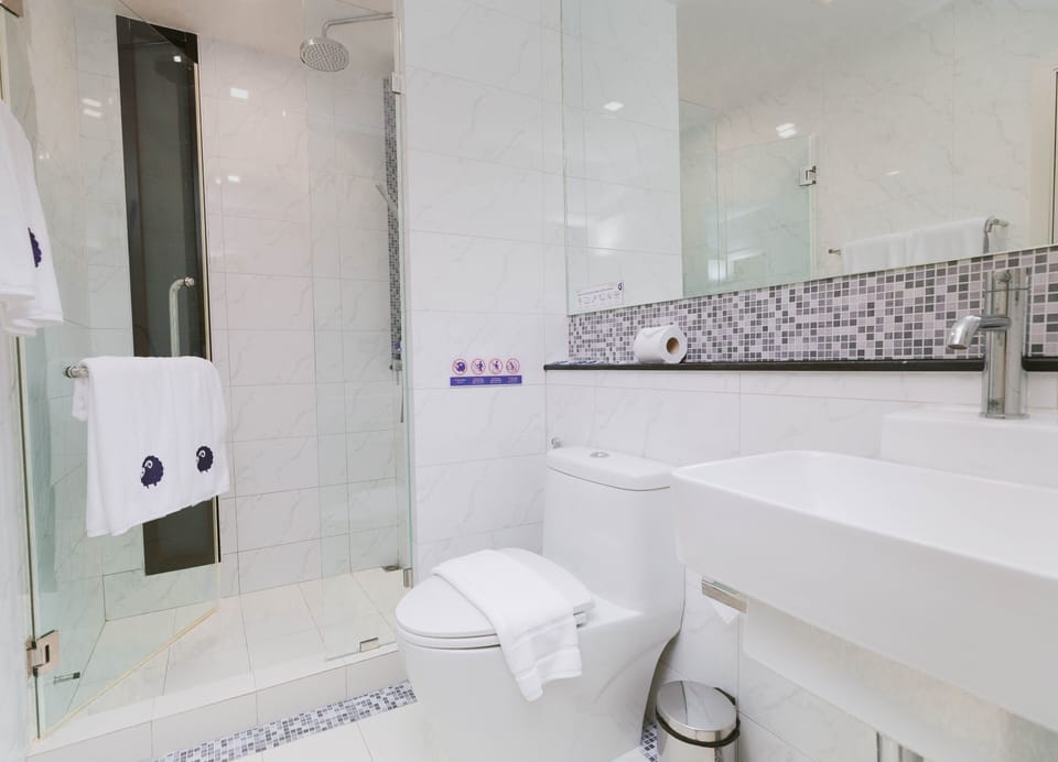 Shower, rainfall showerhead, hair dryer, towels