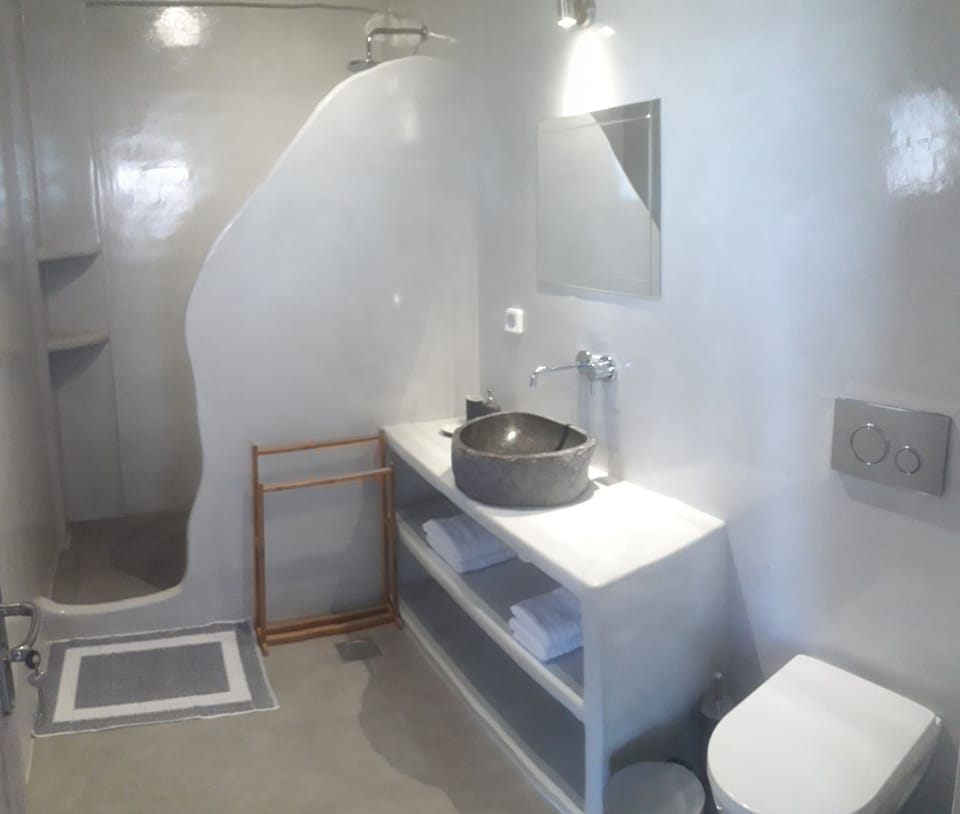 Shower, rainfall showerhead, hair dryer, bathrobes
