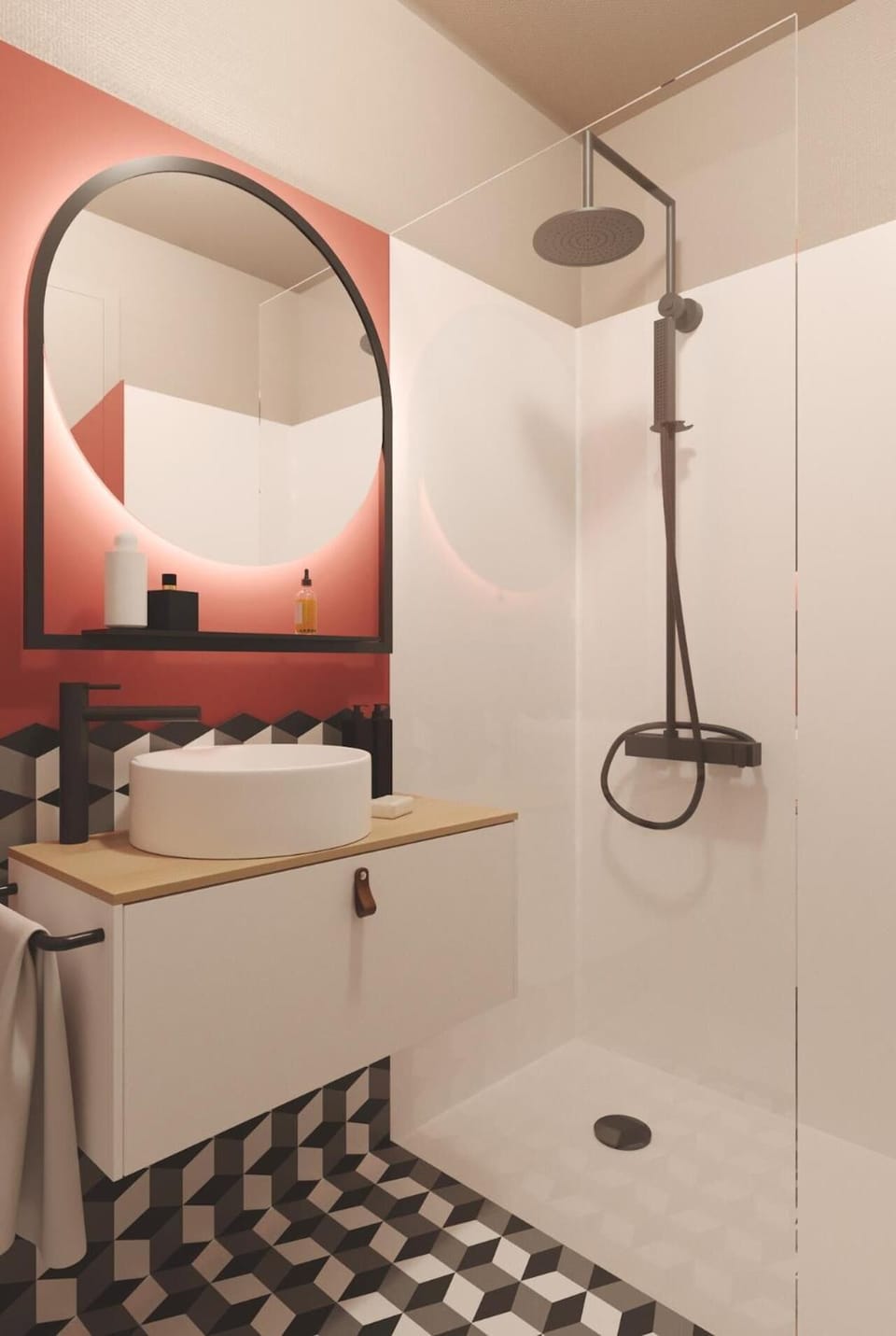 Shower, rainfall showerhead, free toiletries, hair dryer