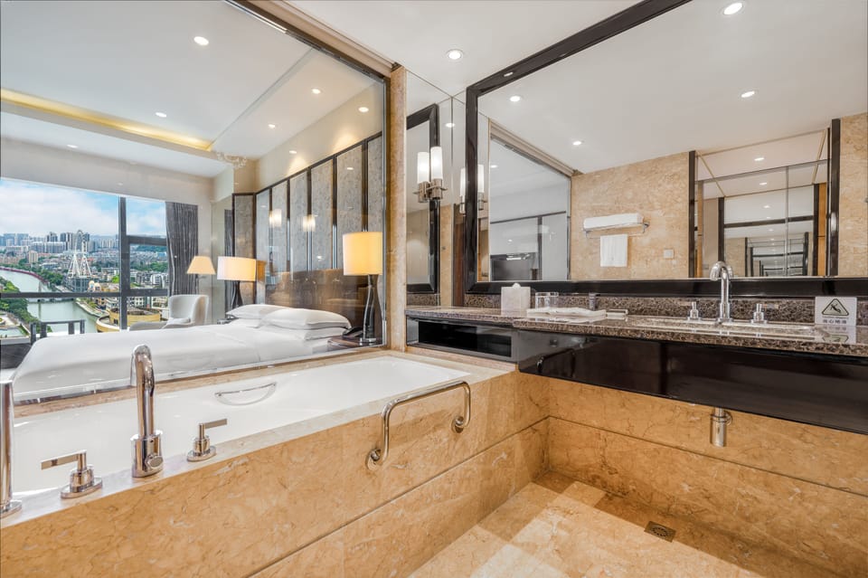 Separate tub and shower, deep soaking tub, rainfall showerhead
