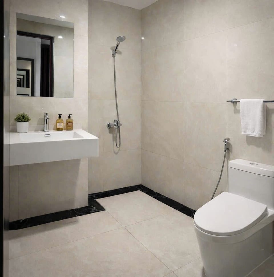 Shower, free toiletries, hair dryer, slippers