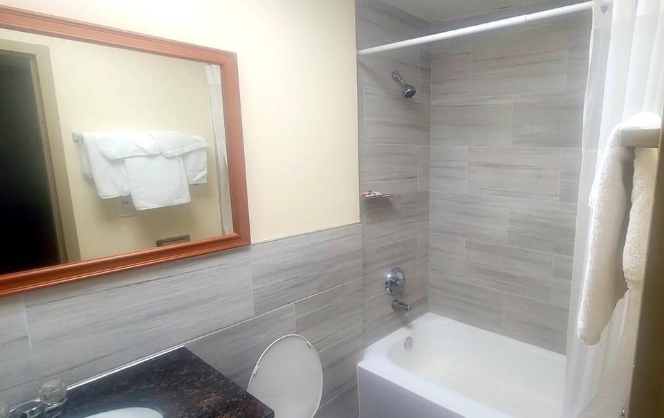 Combined shower/tub, free toiletries, towels, soap