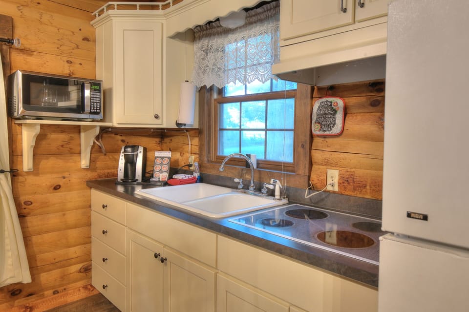 Apple Blossom Cabin | Private kitchen | Full-size fridge, microwave, stovetop, coffee/tea maker