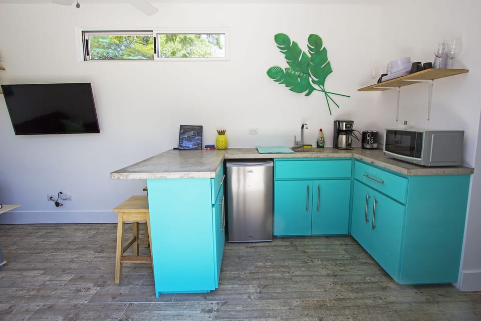 Kitchen with mini fridge, microwave, coffee maker, toaster and hot plate.