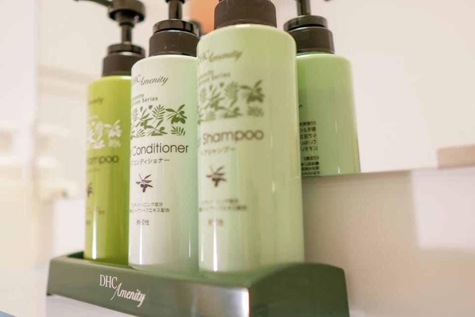 Combined shower/tub, free toiletries, hair dryer, slippers