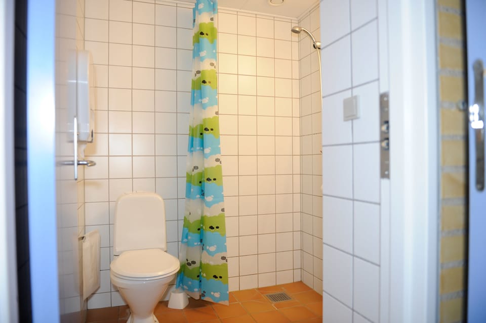 Shower, hair dryer, towels, toilet paper