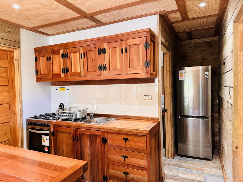 Full-size fridge, oven, cookware/dishes/utensils, paper towels