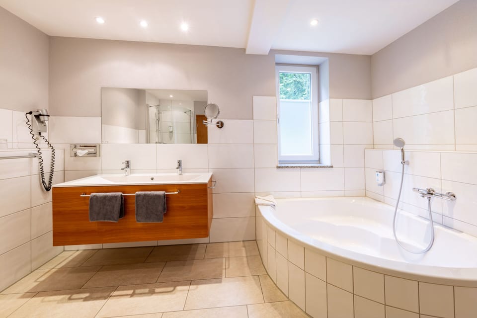 Hair dryer, bathrobes, slippers, towels