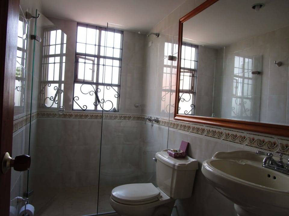 Shower, rainfall showerhead, free toiletries, towels